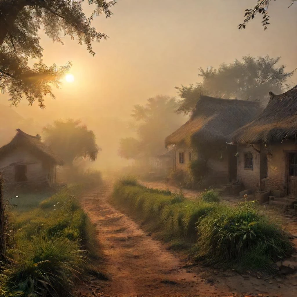 A_serene_sunrise_in_a_quaint_ancient_village_where_the_morning_dew_gently_caresses_the_dust_particles_in_the_soft_light_creating_a_magical_and_peaceful_atmosphere